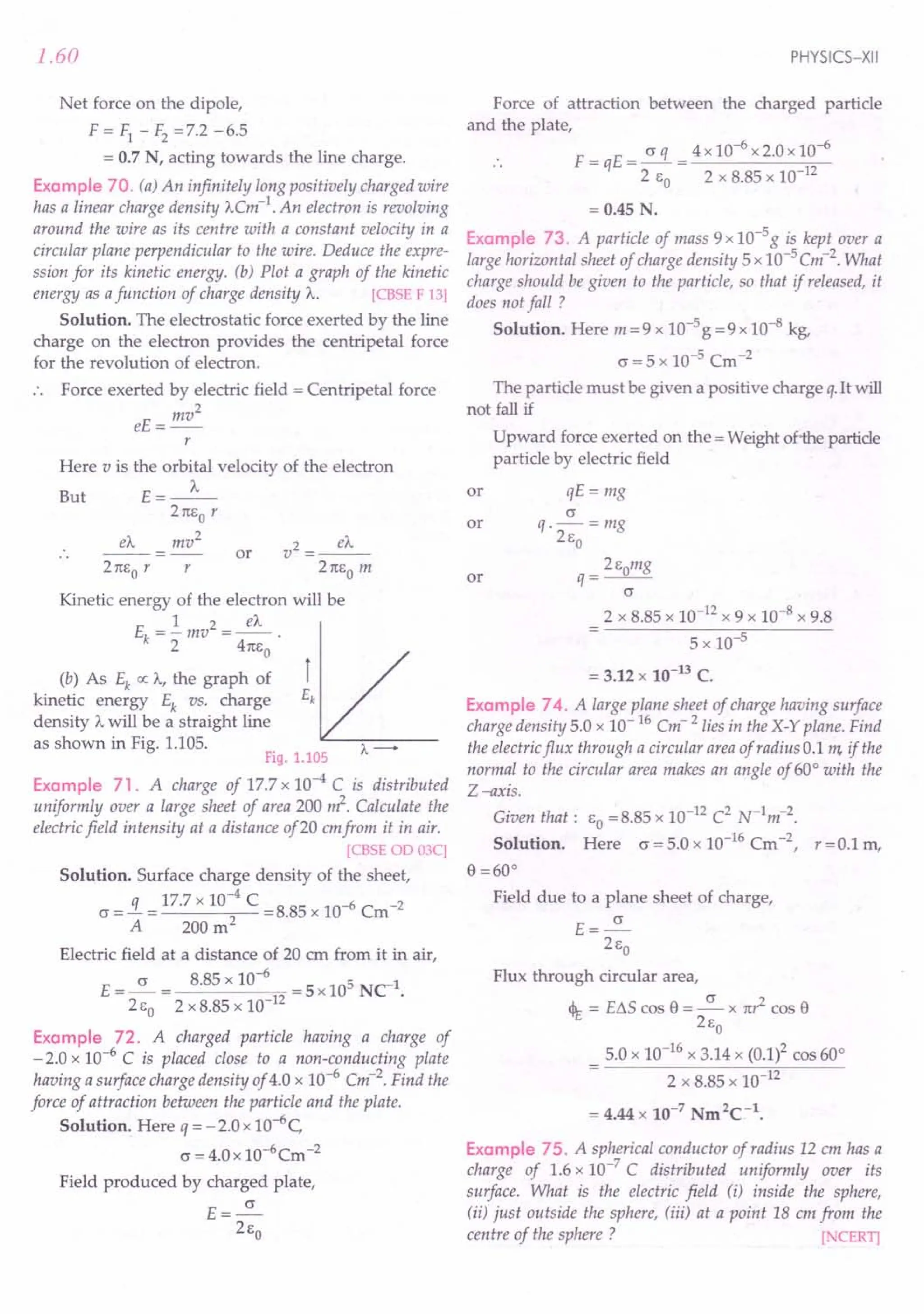 1.60
Net force on the dipole,
F = F1- F2=7.2 -6.5
= 0.7 N, acting towards the line charge.
Example 70. (a) An infinitely long positively charged wire
has a linear charge density A.Cm-1
. An electron is revolving
around the wire as its centre with a constant velocity in a
circular plane perpendicular to the wire. Deduce the expre-
ssion for its kinetic energy. (b) Plot a graph of the kinetic
energy as afunction of charge density A.. [CBSE F 13]
Solution. The electrostatic force exerted by the line
charge on the electron provides the centripetal force
for the revolution of electron.
Force exerted by electric field = Centripetal force
mv2
eE=--
r
Here v is the orbital velocity of the electron
But E=_A._
21tco r
mv2
eA. 2 eA.
v =---
21tco m
or
r
Kinetic energy of the electron will be
1 2 eA.
Ek =-mv =--
2 41tco
(b) As Ek o: A., the graph of
kinetic energy Ek vs. charge
density A. will be a straight line
as shown in Fig. 1.105.
Fig. 1.105
Example 71. A charge of 17.7 x 10--4C is distributed
uniformly over a large sheet of area 200 ~. Calculate the
electric field intensity at a distance of20 emfrom it in air.
[CBSE OD 03C]
Solution. Surface charge density of the sheet,
CJ =!L = 17.7 x 10-
4
C =8.85 x 10-6 Cm-2
A 200 m2
Electric field at a distance of 20 cm from it in air,
E =~ = 8.85 x 10-
6
=5x 105 NC-1.
2co 2 x 8.85 x 10-12
Example 72. A charged particle having a charge of
- 2.0 x 10-6
C is placed close to a non-conducting plate
having a surface charge density of 4.0 x 10-6 Cm-2. Find the
force of attraction between the particle and the plate.
Solution. Here q = - 2.0 x 1O-6
C
CJ = 4.0 x 1O-6
Cm-2
Field produced by charged plate,
E=~
2co
PHYSICS-XII
Force of attraction between the charged particle
and the plate,
F=qE= CJq = 4x10-
6
x2.0xlO-
6
2 Co 2 x 8.85 x 10-12
= 0.45 N.
Example 73. A particle of mass 9x10-5g is kept over a
large horizontal sheet of charge density 5 x 10-5Cm-2. What
charge should be given to the particle, so that if released, it
does not fall ?
Solution. Here m = 9 x 10-5 g = 9 x 10-8 kg,
CJ = 5 x 10-5
Cm-2
The particle must be given a positive charge q.It will
not fall if
Upward force exerted on the = Weight ofihe particle
particle by electric field
qE=mg
CJ
q.-=mg
2co
2comg
q=--
CJ
2 x 8.85 x 10-12 x 9 x 10-8 x 9.8
5 x 10-5
= 3.12 x 10-13 C.
Example 74. A large plane sheet of charge having surface
charge density 5.0 x 10-16 Cm 2 lies in the X-Y plane. Find
the electricflux through a circular areaof radius 0.111'(.
if the
normal to the circular area makes an angle of 60° with the
Z-axis.
Given that: Co=8.85 x 10-12 C2 N-1
m-2
.
Solution. Here CJ = 5.0 x 10-16 Cm -2, r = 0.1 m,
or
or
or
8 =60°
Field due to a plane sheet of charge,
E=~
2co
Flux through circular area,
<If: = EllS cos 8 = ~ x n,1 cos 8
2co
5.0 x 10-16 x 3.14 x (0.1)2 cos 60°
2 x 8.85 x 10-12
= 4.44 x 10-7 Nm2C-1•
Example 75. A spherical conductor of radius 12 em has a
charge of 1.6 x 10-7
C distributed uniformly over its
surface. What is the electric field (i) inside the sphere,
(ii) just outside the sphere, (iii) at a point 18 cm from the
centre of the sphere? [NCERT]
 
