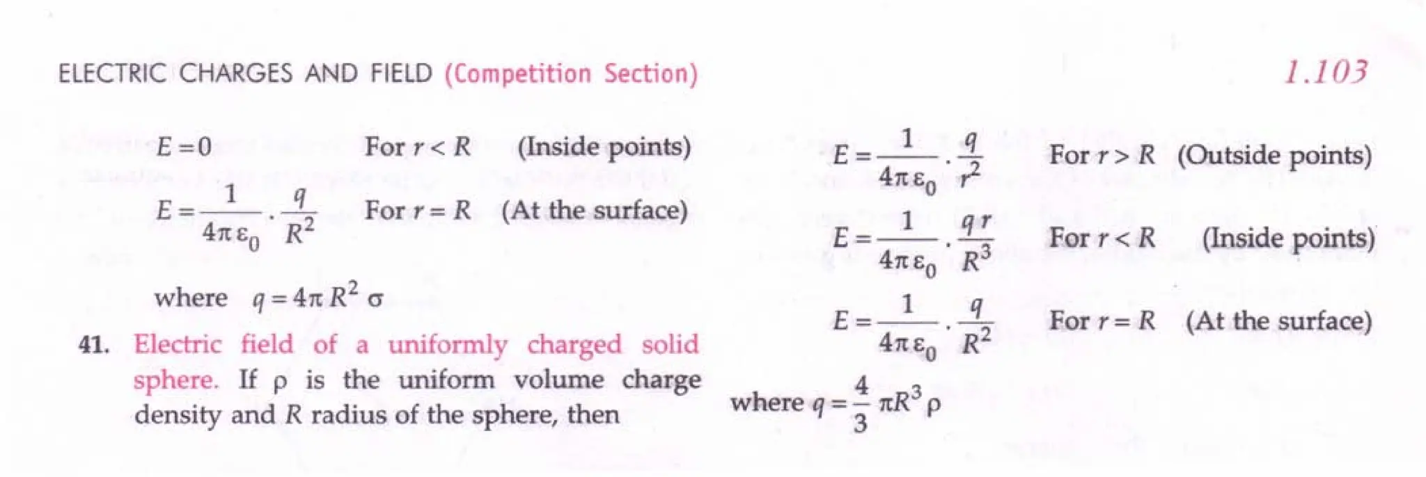 ELECTRIC CHARGES AND FIELD (Competition Section)
E =0 For r < R (Inside points)
E =_1_ ---.i.. For r= R (At the surface)
47tE
O
'R2
where q = 47t R2
c
41. Electric field of a uniformly charged solid
sphere. If p is the uniform volume charge
density and R radius of the sphere, then
E __ 1_ !L
- 47tEo • ~
E __ 1_ ~
- 47tEo . R3
E __ 1_ ---.i..
- 47tEo . R2
where q = .!7tR3 P
3
1.103
For r » R (Outside points)
For r < R (Inside points)
For r = R (At the surface)
 