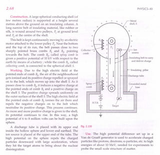 2.68
Construction. A large spherical conducting shell (of
few metres radius) is supported at a height several
metres above the ground on an insulating column. A
long narrow belt of insulating material, like rubber or
silk, is wound around two pulleys, P1
at ground level
and P2
at the centre of the shell.
This belt is kept continuously moving by an electric
motor attached to the lower pulley Pl' Near the bottom
and the top of its run, the belt passes close to two
sharply pointed brass combs Bl and ~, pointing
towards the belt. The comb ~, called spray comb is
given a positive potential of 10 kV with respect to the
earth by means of a battery; while the comb ~, called
collecting comb, is connected to the spherical shell S.
Working. Due to the high electric field at the
pointed ends of comb ~, the air of the neighbourhood
gets ionised and its positive charge repelled or sprayed
on to the belt, which moves up into the shell S. As it
passes close to comb ~, it induces a negative charge at
the pointed ends of comb ~ and a positive charge on
the shell S. The positive charge spreads uniformly on
the outer surface of the shell S.The high electric field at
the pointed ends of comb ~ ionises the air there and
repels the negative charges on to the belt which
neutralise its positive charge. This process continues.
As more and more positive charge is given to the shell,
its potential continues to rise. In this way, a high
potential of 6 to 8 million volts can be built upon the
sphere.
A discharge tube is placed with its upper end
inside the hollow sphere and lower end earthed. The
ion source is placed at the upper end of the tube. The
high potential on the sphere repels the charged
particles downward with large acceleration, where
they hit the target atoms to bring about the nuclear
disintegration.
PHYSICS-XII
+ + + Metal
shell,S
+
+
+
CoJlector
comb
4-~'--- Ion
source
Insulating belt to carry
and deliver charge
Insulating pillar
Discharge tube
Grounded metal
base
..:c..
T
H.T.B. ,
-'- Target
Fig. 2.130
Use. The high potential difference set up in a
Van de Graaff generator is used to accelerate charged
particles like protons, deutrons, a-particles, etc. to high
energies of about 10 MeV, needed for experiments to
probe the small scale structure of matter.
 