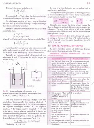 CURRENT ELECTRICITY
The work done per unit charge is
e = w = Fn d
q q
The quantity e = W / qis called the electromotive force
or emf of the battery or any other source.
The electromotive force of a source may be defined as
the work done by the source in taking a unit positive charge
from lower to the higher potential.
If the two terminals of the battery are not connected
externally, then
Fn = Fe= qE
Fnd = Fed = q Ed = qV
where V = Ed is the p.d. between the two terminals. Thus,
e = Fn d = qV = V
q q
Hence theemf of asource isequal to themaximum potential
difference between its terminals when it is in the open circuit
i.e., when it is not sending any current in the circuit.
Basically, an electrochemical cell consists of two
electrodes P and N immersed in an electrolyte, as
shown in Fig. 3.7
C I R D
AA
YYY
I P N I
~ r--
A B
'-- '--
+- f--
R
CJ
Cell symbol
Electrolyte
Fig. 3.7 An electrochemical cell connected to an
external resistance and the symbolic representation. Here
Vp - VA = V+ > 0 and VN - VB = -V_ < o.
The two electrodes exchange charges with the
electrolyte. Consequently, the positive electrode P
develops a positive potential V+(V+ > 0) with respect to
its adjacent electrolyte marked A The negative
electrode N develops a negative potential- V_ (V_ >0)
with respect to the adjacent electrolyte B. When. no
current flows through the cell, the electrolyte has the
same potential throughout, so that the potential dif-
ference between the·two electrodes P and N is
V+- (- V_) = V++ V_ = e, the emf.
Obviously, V+ + V_ > o.
3.5
In case of a closed circuit, we can define emf in
another way as follows:
The emf of a source may be defined as the energy supplied
by the source in taking a unit positive charge once round the
complete circuit. Again, we note that
emf= Work done or e= W ~
Charge q
Literally, emf means the force which causes the
flow of charges in a circuit. However, the term emf is a
misnomer. The emf is not a force at all. It is a special
case of potential difference, so it has the nature of work
done per unit charge.
SI unit of emf is volt. If an electrochemical cell supplies
an energy of 1 joule for the flow of 1 coulomb of charge
through the whole circuit (including the cell), then its emf is
said to be one volt.
3.5 EMF VS. POTENTIAL DIFFERENCE
8. Give important points of differences between
electromotive force and potential difference.
Differences between electromotive force and
potential difference.
Electromotive force Potential difference
1. It is the work done by a It is the amount of work
source in taking a unit done in taking a unit
charge once round the charge from one point
complete circuit. of a circuit to another.
2. It is equal to the maxi- Potential difference
mum potential diffe- may exist between any
rence between the two two points of a closed
terminals of a sourcewhen circuit.
it is in an open circuit.
3. It exists even when the It exists only when the
circuit is not closed. circuit is closed.
4. It has non-electrostatic It originates from the
origin. electrostatic field set up
by the charges accumu-
lated on the two termi-
nals of the source.
5. It is a cause. When emf It is an effect.
is applied in a circuit,
potential difference is
caused.
6. It is equal to the sum of Every circuit
potential differences component has its own
across all the compo- potential difference
nents of a circuit inclu- across its ends.
ding the p.d. required
to send current through
the cell itself.
7. It is larger than the p.d. It is always less than the
across any circuit emf.
element.
8. It is independent of the It is always less than the
external resistance in emf.
the circuit.
 