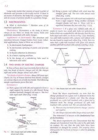 1.2
Large-scale matter that consists of equal number of
electrons and protons is electrically neutral. If there is
an excess of electrons, the body has a negative charge
and an excess of protons results in a positive charge.
1.3 ELECTROSTATICS
4. What is electrostatics ? Mention some of its
important applications.
Electrostatics. Electrostatics is the study of electric
charges at rest. Here we study the forces, fields and
potentials associated with static charges.
Applications of electrostatics. The attraction and
repulsion between charged bodies have many indus-
trial applications. Some of these are as follows:
1. In electrostatic loudspeaker.
2. In electrostatic spraying of paints and powder
coating.
3. In flyash collection in chimneys.
4. In a Xerox copying machine.
5. In the design of a cathode-ray tube used in
television and radar.
1.4 TWO KINDS OF ELECTRIC CHARGES
5. How will you show experimentally that (i) there are
only two kinds of electric charges and (ii) like charges
repel and unlike charges attract each other ?
Two kinds of electric charges. About 100 years ago,
Charles Du Fay of France showed that electric charges
on various objects are of only two kinds. The following
simple experiments prove this fact.
EXPERIMENT
1
(i) Rub a glass rod with silk and suspend it from a
rigid support by means of a silk thread. Bring
another similarly charged rod near it. The two
rods repel each other [Fig. l.1(a)].
Silk ~ilk
Glass + Glass
++ ) t ++ J I
'JRepulslOn 1 tic ./
~ ~_p_a_5___ Attraction
~ ~
(a) (b)
~
ilk
-_ Plastic
----JRepulsion
~ (c)
Fig. 1.1 Like charges repel and unlike charges
attract each other.
PHYSICS-XII
(ii) Bring a plastic rod rubbed with wool near the
charged glass rod. The two rods attract each
other [Fig. l.1(b)].
(iii) Now rub a plastic rod with wool and suspend it
from a rigid support. Bring another similarly
charged plastic rod near it. There will be a
repulsion between the two rods [Fig. 1.1(c)].
EXPERIMENT
2. If a glass rod, rubbed with silk, is
made to touch two small pith balls (or polystyrene
balls) which are suspended by silk threads, then the two
balls repel each other, as shown in Fig. 1.2(a). Similarly,
two pith balls touched with a plastic rod rubbed with
fur are found to repel each other [Fig. 1.2(b)]. But it is
seen that a pith ball touched with glass rod attracts
another pith ball touched with a plastic rod [Fig. 1.2(c)].
(a) Repulsion (b) Repulsion
+
- -
(c) Attraction
Fig. 1.2 Like charges repel and unlike charges attract.
From the above experiments, we note that the
charge produced on a glass rod is different from the
charge produced on a plastic rod. Also the charge
produced on a pith ball touched with a glass rod is
different from the charge produced on pith ball
touched with a plastic rod. We can conclude that:
1. There areonly two kinds of electric charges - positive
and negative.
2. Like chargesrepeland unlike chargesattract eachother.
The statement 2 is known as the fundamental law
of electrostatics.
The above experiments also demonstrate-that the
charges are transferred from the rods to the pith balls
on contact. We say that the pith balls have been
electrified or charged by contact. This property which
distinguishes the two kinds of charges is called the polarity
of charge.
 
