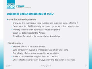 Successes and Shortcomings of TARO
 • Ideal for pointed questions
           • Show me the expression, copy number and mut...