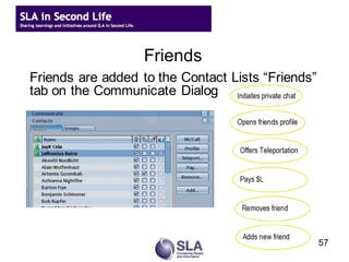Friends
  Friends are added to the Contact Lists “Friends”
the World Map Dialog
  tab on the Communicate Dialog




                                                     57
 