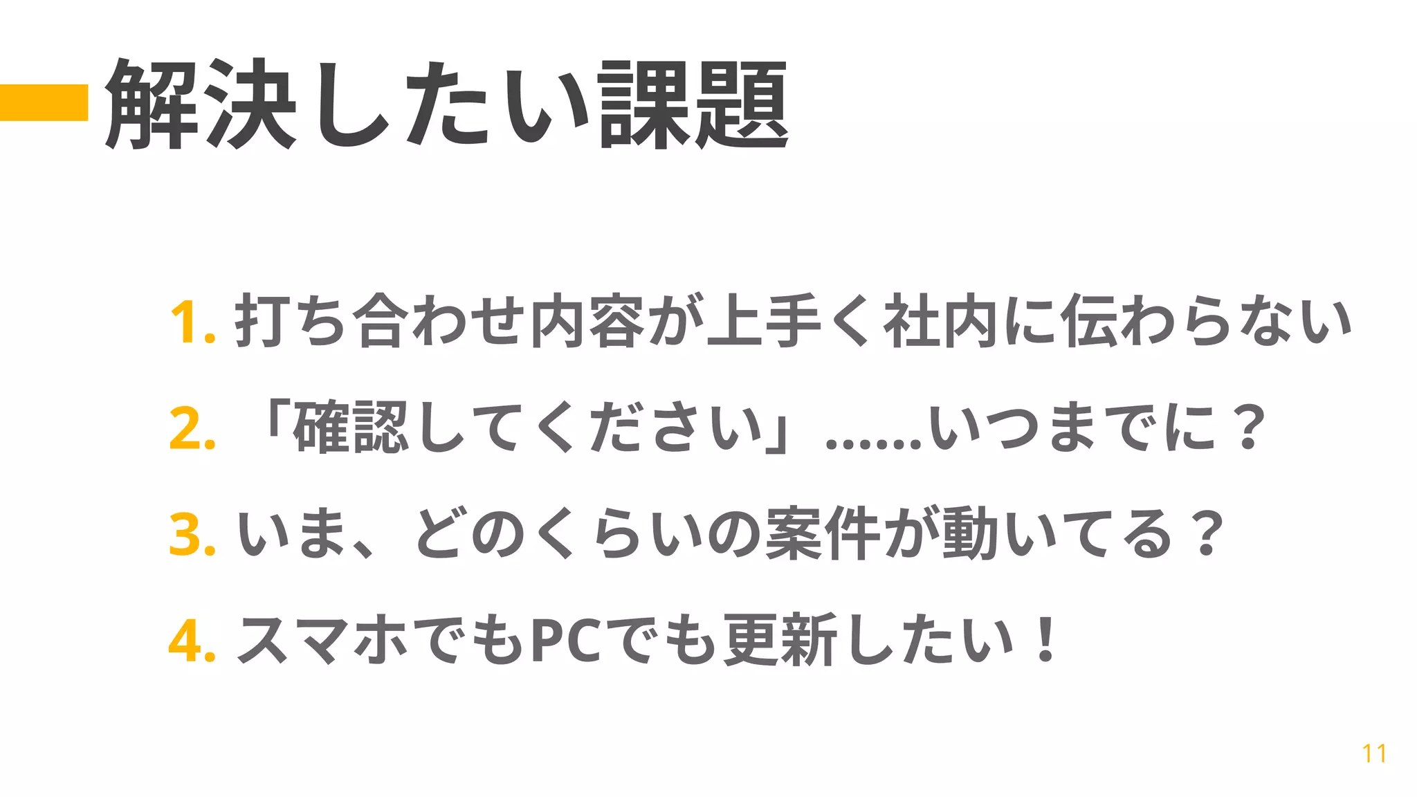 解決したい課題
1. 打ち合わせ内容が上手く社内に伝わらない
2. 「確認してください」……いつまでに？
3. いま、どのくらいの案件が動いてる？
4. スマホでもPCでも更新したい！
11
 