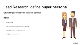 Lead Research: define buyer persona
Goal: targeted lead with accurate contacts
How?
• Contact mining
• email enrichment, verification, backup & reporting
• cleaning up the lists, filtering the cohorts
• writing the templates and more
 
