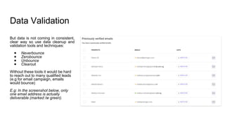 But data is not coming in consistent,
clear way so use data cleanup and
validation tools and techniques:
● Neverbounce
● Zerobounce
● Unbounce
● Clearout
Without these tools it would be hard
to reach out to many qualified leads
(e.g for email campaign, emails
would bounce)
E.g: In the screenshot below, only
one email address is actually
deliverable (marked /w green).
Data Validation
 
