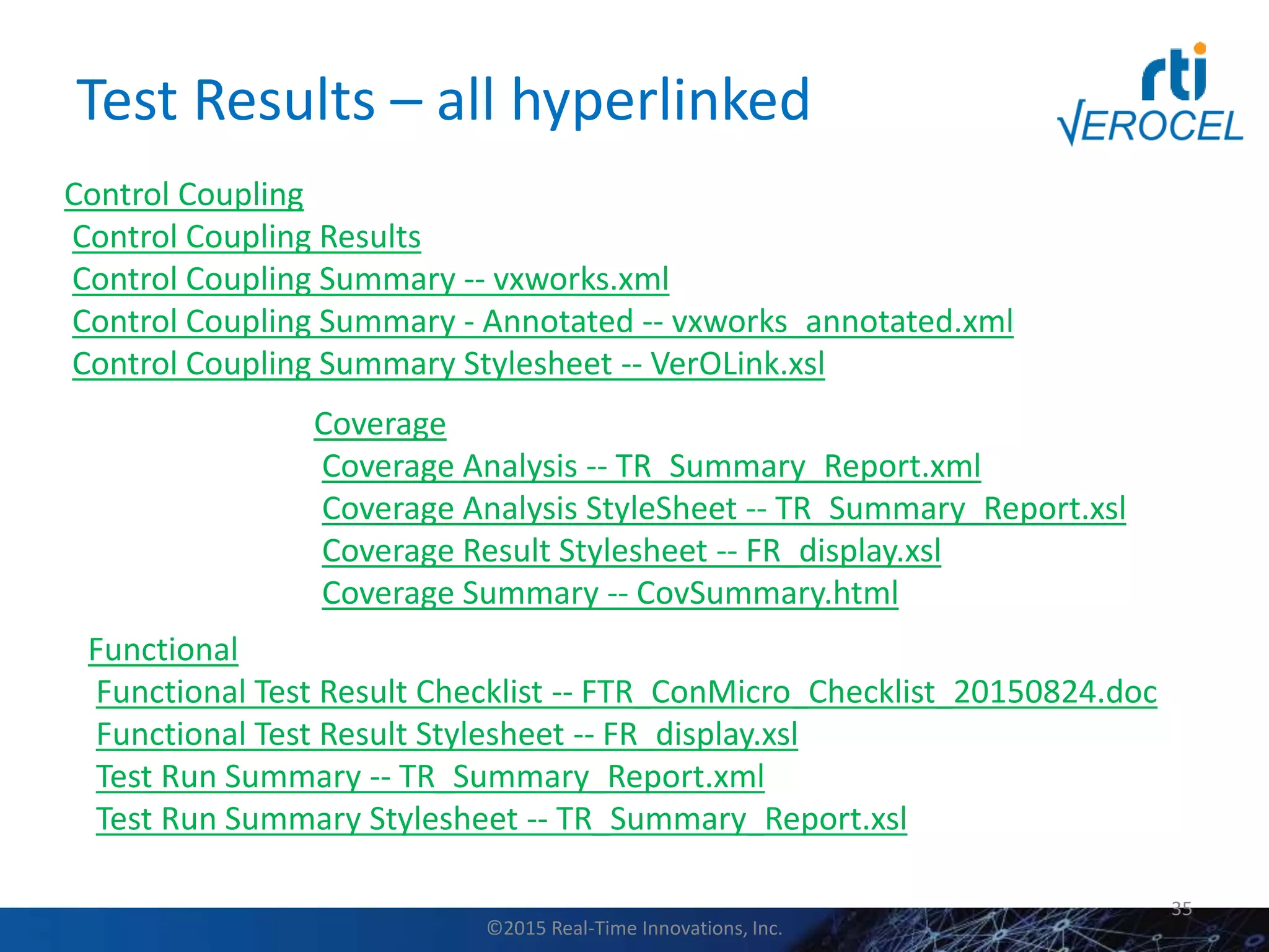 Test Results – all hyperlinked
35
Control Coupling
Control Coupling Results
Control Coupling Summary -- vxworks.xml
Control Coupling Summary - Annotated -- vxworks_annotated.xml
Control Coupling Summary Stylesheet -- VerOLink.xsl
Coverage
Coverage Analysis -- TR_Summary_Report.xml
Coverage Analysis StyleSheet -- TR_Summary_Report.xsl
Coverage Result Stylesheet -- FR_display.xsl
Coverage Summary -- CovSummary.html
Functional
Functional Test Result Checklist -- FTR_ConMicro_Checklist_20150824.doc
Functional Test Result Stylesheet -- FR_display.xsl
Test Run Summary -- TR_Summary_Report.xml
Test Run Summary Stylesheet -- TR_Summary_Report.xsl
©2015 Real-Time Innovations, Inc.
 