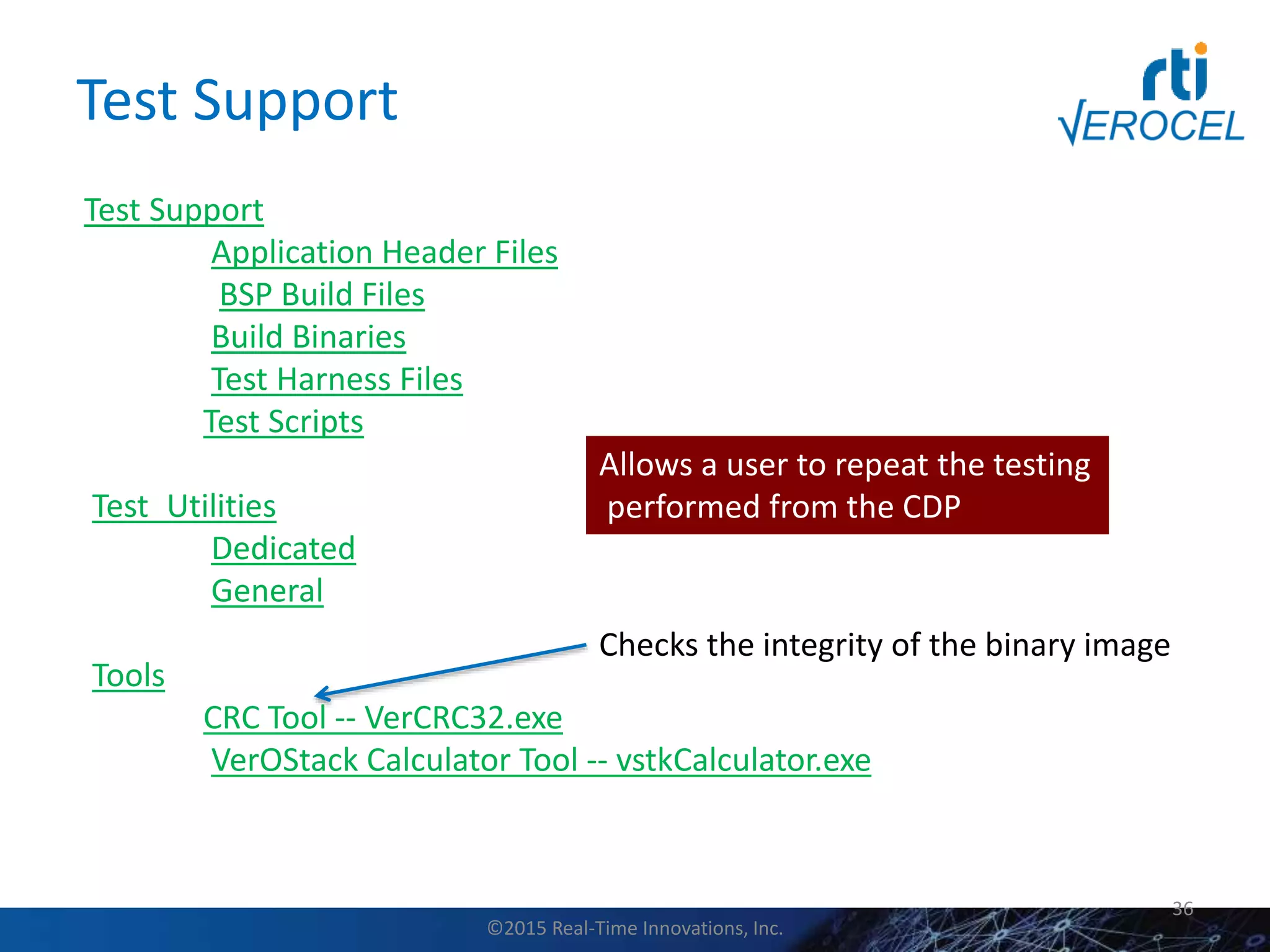 Test Support
36
Test Support
Application Header Files
BSP Build Files
Build Binaries
Test Harness Files
Test Scripts
Test_Utilities
Dedicated
General
Tools
CRC Tool -- VerCRC32.exe
VerOStack Calculator Tool -- vstkCalculator.exe
Allows a user to repeat the testing
performed from the CDP
Checks the integrity of the binary image
©2015 Real-Time Innovations, Inc.
 