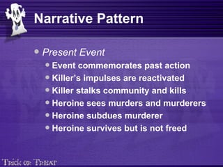 Narrative Pattern Present Event Event commemorates past action Killer’s impulses are reactivated Killer stalks community and kills Heroine sees murders and murderers Heroine subdues murderer Heroine survives but is not freed 
