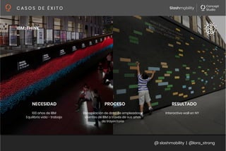 @ slashmobility | @lora_strong
C A S O S D E É X I T O 
IBM: THINK
_
100 años de IBM
Equilibrio vida - trabajo
Recopilación de data de empleados y
clientes de IBM a través de sus años
de trayectoria
Interactive wall en NY

NECESIDAD
 PROCESO
 RESULTADO
 