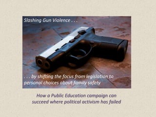 How a Public Education campaign can
succeed where political activism has failed
Slashing Gun Violence . . .
. . . by shifting the focus from legislation to
personal choices about family safety
 