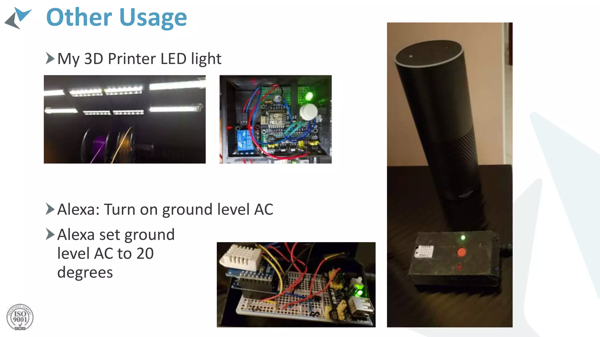 Other Usage
My 3D Printer LED light
Alexa: Turn on ground level AC
Alexa set ground
level AC to 20
degrees
 