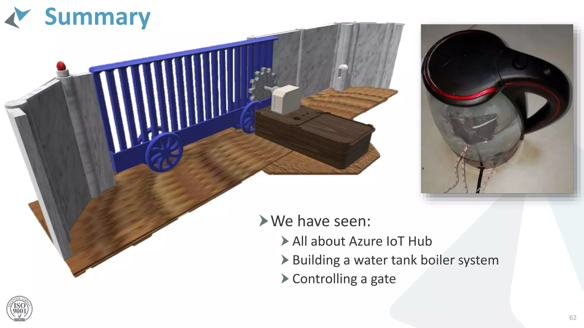 Summary
We have seen:
All about Azure IoT Hub
Building a water tank boiler system
Controlling a gate
62
 