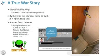 A True War Story
My wife is shouting:
ALON!!! There’s water everywhere!!!
By the time the plumber came to fix it,
in 4 hours I had this:
A water flood detector
Using small device +
Azure IoT Hub +
Service Bus Queue +
Azure Logic App +
Office 365 Email +
Twilio SMS
A flood
alert email
 