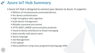 Azure IoT Hub Summary
Azure IoT Hub is designed to connect your devices to Azure. It supports:
Millions of simultaneously connected devices
Per-device authentication
High throughput data ingestion
Scale device management
Reliable command and control
HTTP, MQTT, AMQP communication protocols
Cloud to Device and Device to Cloud messaging
State transfer with device twins
Query language
Job Management
File Upload
Many platforms using many programming language SDKs
 