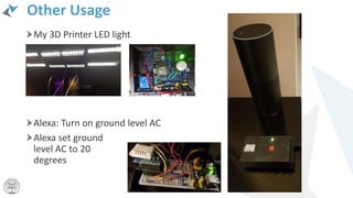 Other Usage
My 3D Printer LED light
Alexa: Turn on ground level AC
Alexa set ground
level AC to 20
degrees
 