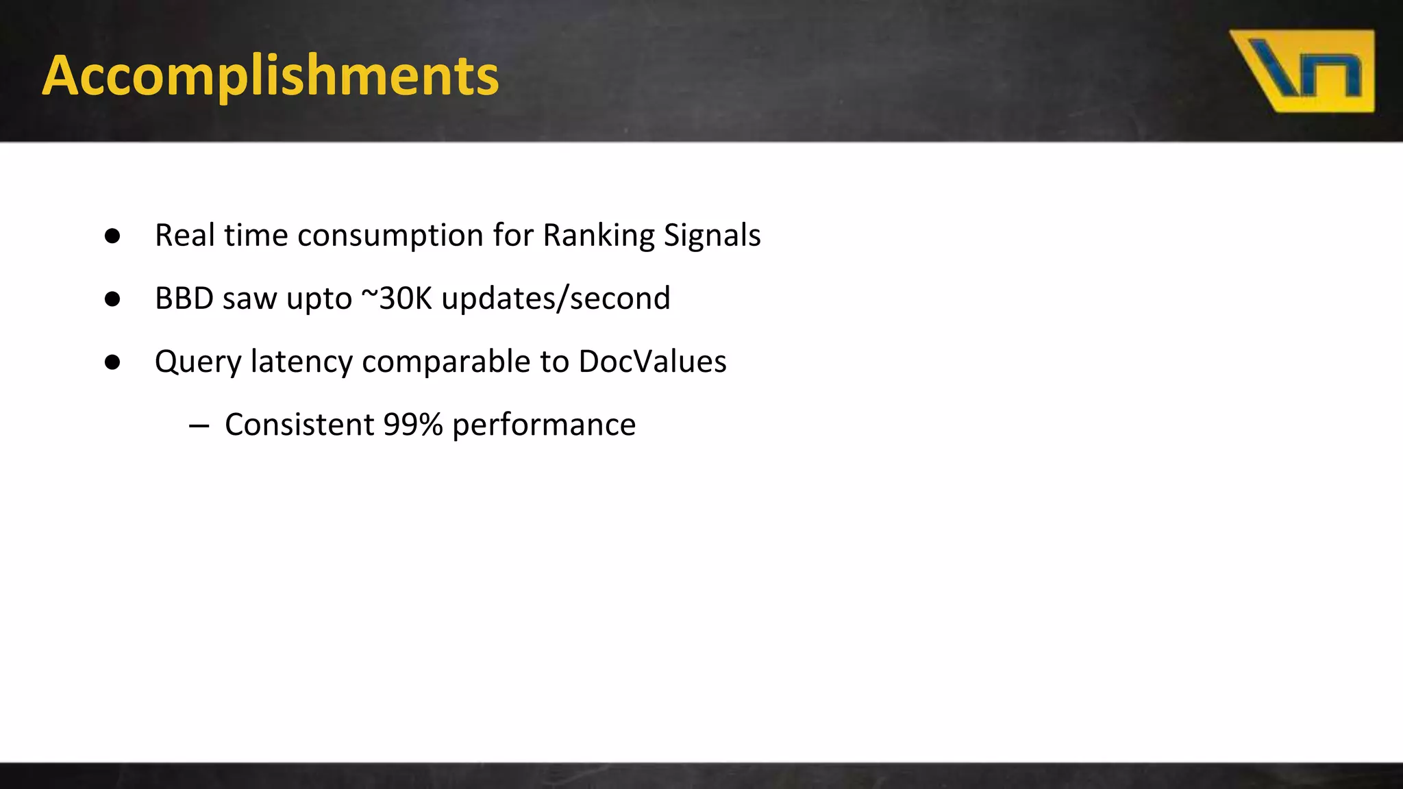 Accomplishments
● Real time consumption for Ranking Signals
● BBD saw upto ~30K updates/second
● Query latency comparable to DocValues
– Consistent 99% performance
 