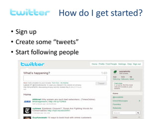 How do I get started?
• Sign up
• Create some “tweets”
• Start following people




  © 2010 Social Inf ormation Group
                                          25
 