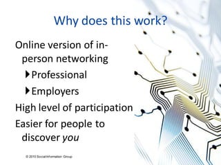 Why does this work?
Online version of in-
 person networking
  Professional
  Employers
High level of participation
Easier for people to
 discover you
  © 2010 Social Inf ormation Group
                                     8
 