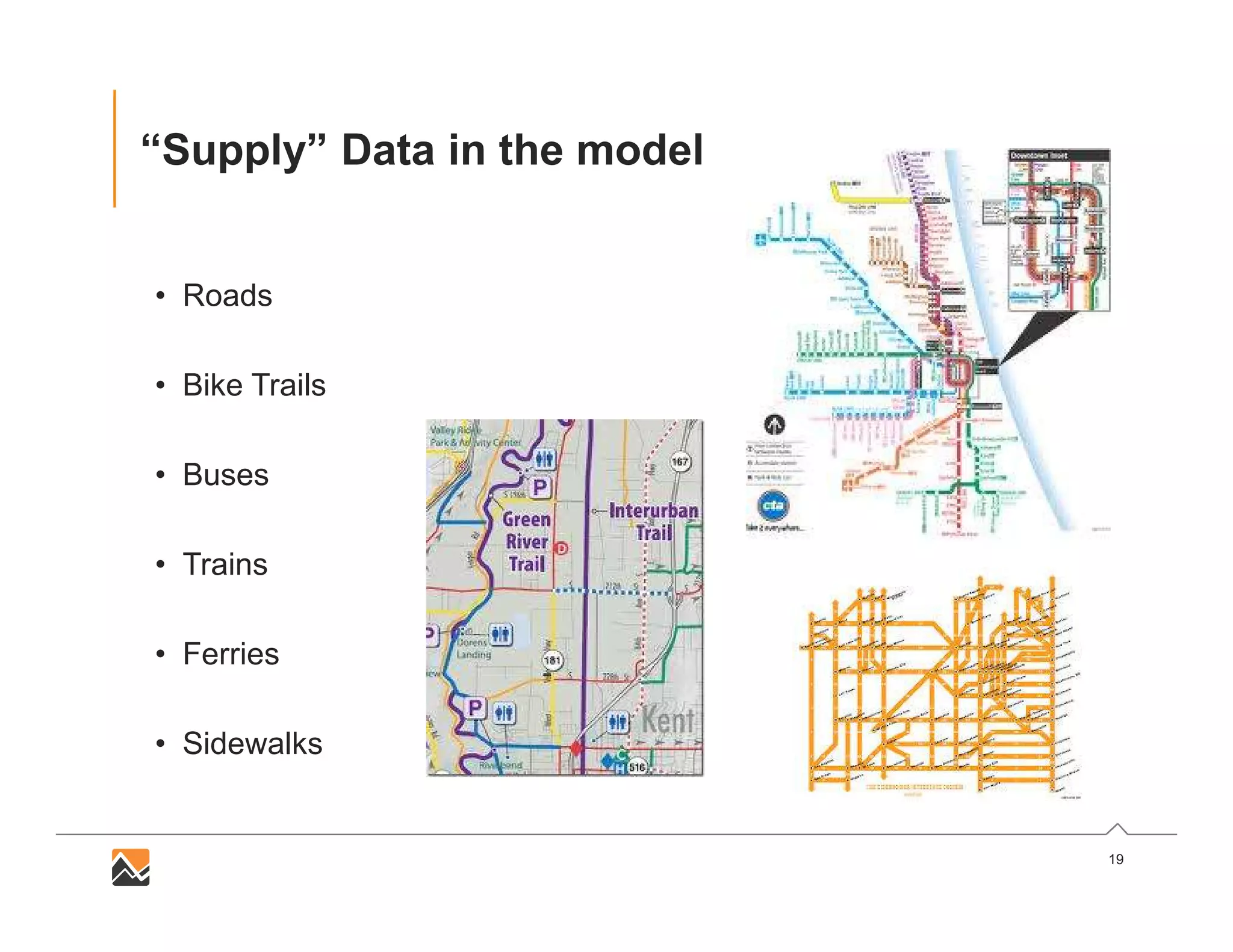 19
“Supply” Data in the model
• Roads
• Bike Trails
• Buses
• Trains
• Ferries
• Sidewalks
 