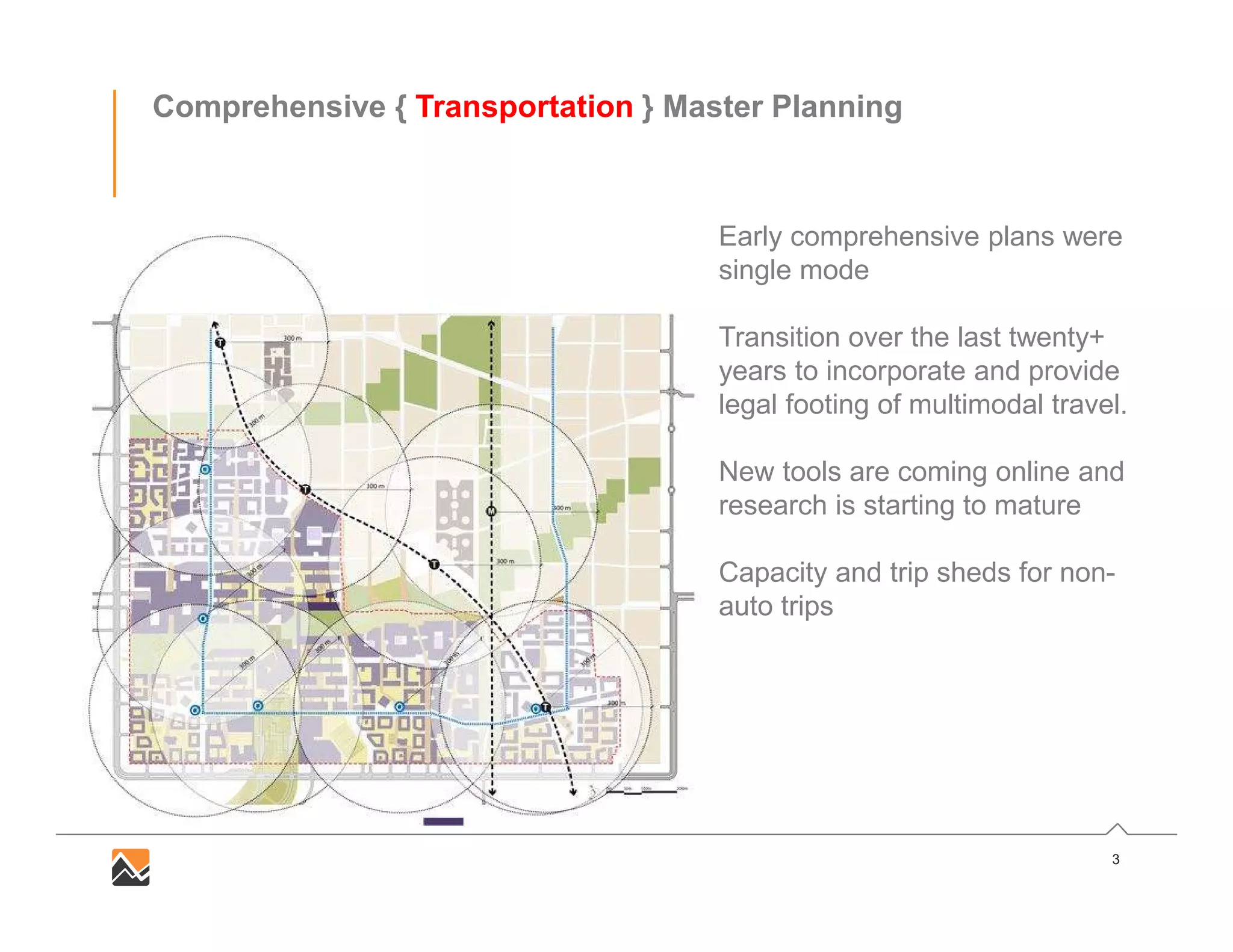 3
Comprehensive { Transportation } Master Planning
Early comprehensive plans were
single mode
Transition over the last twenty+
years to incorporate and provide
legal footing of multimodal travel.
New tools are coming online and
research is starting to mature
Capacity and trip sheds for non-
auto trips
 