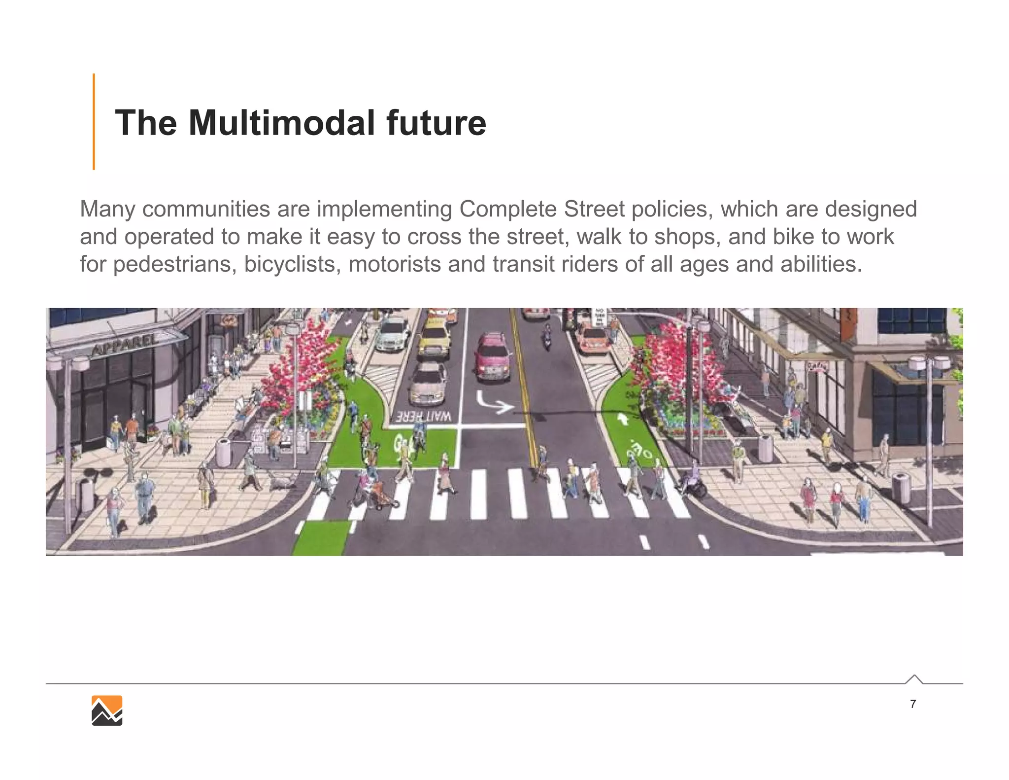 7
The Multimodal future
Many communities are implementing Complete Street policies, which are designed
and operated to make it easy to cross the street, walk to shops, and bike to work
for pedestrians, bicyclists, motorists and transit riders of all ages and abilities.
 