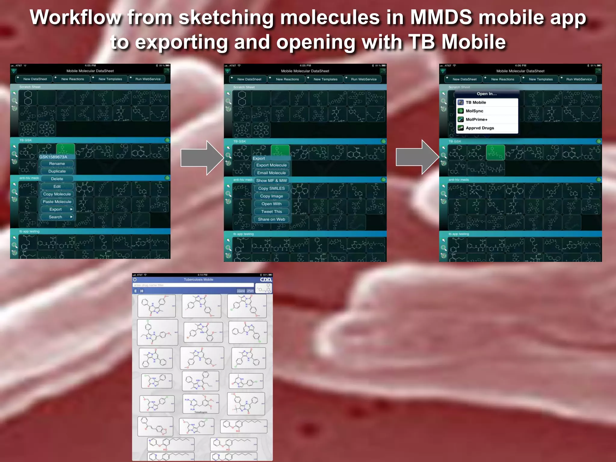 Workflow from sketching molecules in MMDS mobile app
to exporting and opening with TB Mobile

 