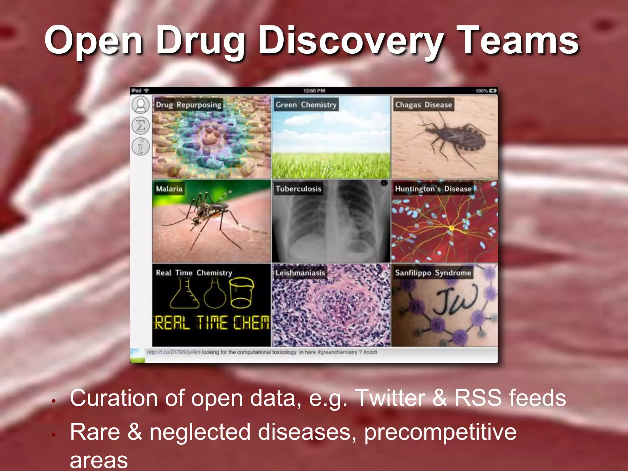 Open Drug Discovery Teams

•
•

Curation of open data, e.g. Twitter & RSS feeds
Rare & neglected diseases, precompetitive
areas

 