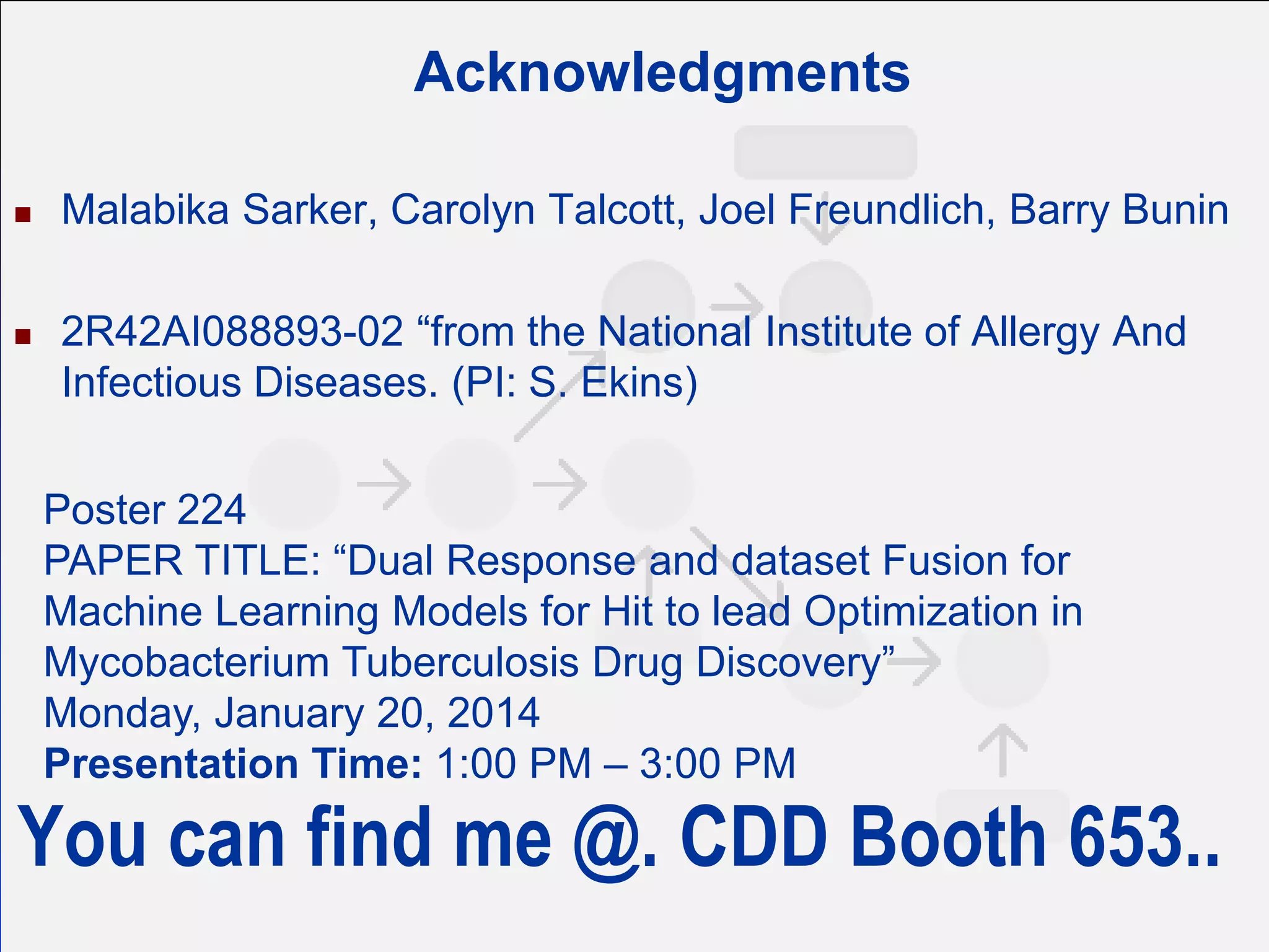 Acknowledgments




Malabika Sarker, Carolyn Talcott, Joel Freundlich, Barry Bunin
2R42AI088893-02 “from the National Institute of Allergy And
Infectious Diseases. (PI: S. Ekins)
Poster 224
PAPER TITLE: “Dual Response and dataset Fusion for
Machine Learning Models for Hit to lead Optimization in
Mycobacterium Tuberculosis Drug Discovery”
Monday, January 20, 2014
Presentation Time: 1:00 PM – 3:00 PM

You can find me @. CDD Booth 653..

 