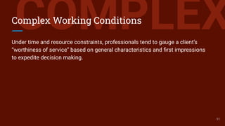 COMPLEXComplex Working Conditions
Under time and resource constraints, professionals tend to gauge a client’s
“worthiness of service” based on general characteristics and ﬁrst impressions
to expedite decision making.
11
 