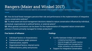 CASERangers (Maier and Winkel 2017)
Integrative conservation combines conservation objectives and sustainable forest management practices in service of timber production
Five factors of Inﬂuence
● Individual factors or characteristics
● Contextual factors, public pressure
● External actors, experts
● Organizational factors, internal norms
● Political factors, policy and process
Q1: How do local forest managers perceive their role and performance in the implementation of integrative
nature conservation policies?
Q2: To what extent are local management decisions related to nature conservation inﬂuenced by individual,
contextual, organizational or political factors, or external actors?
Q3: What general conclusions can be drawn for the implementation of integrated nature conservation
policies in forests primarily managed for timber production?
Findings
● Conﬂict between timber and conservation
○ Limited by local decisions
○ Internal struggle with public reaction
○ Different goals than management in
timber, recreation, and conservation
● Support for Integrative Conservation 17
 