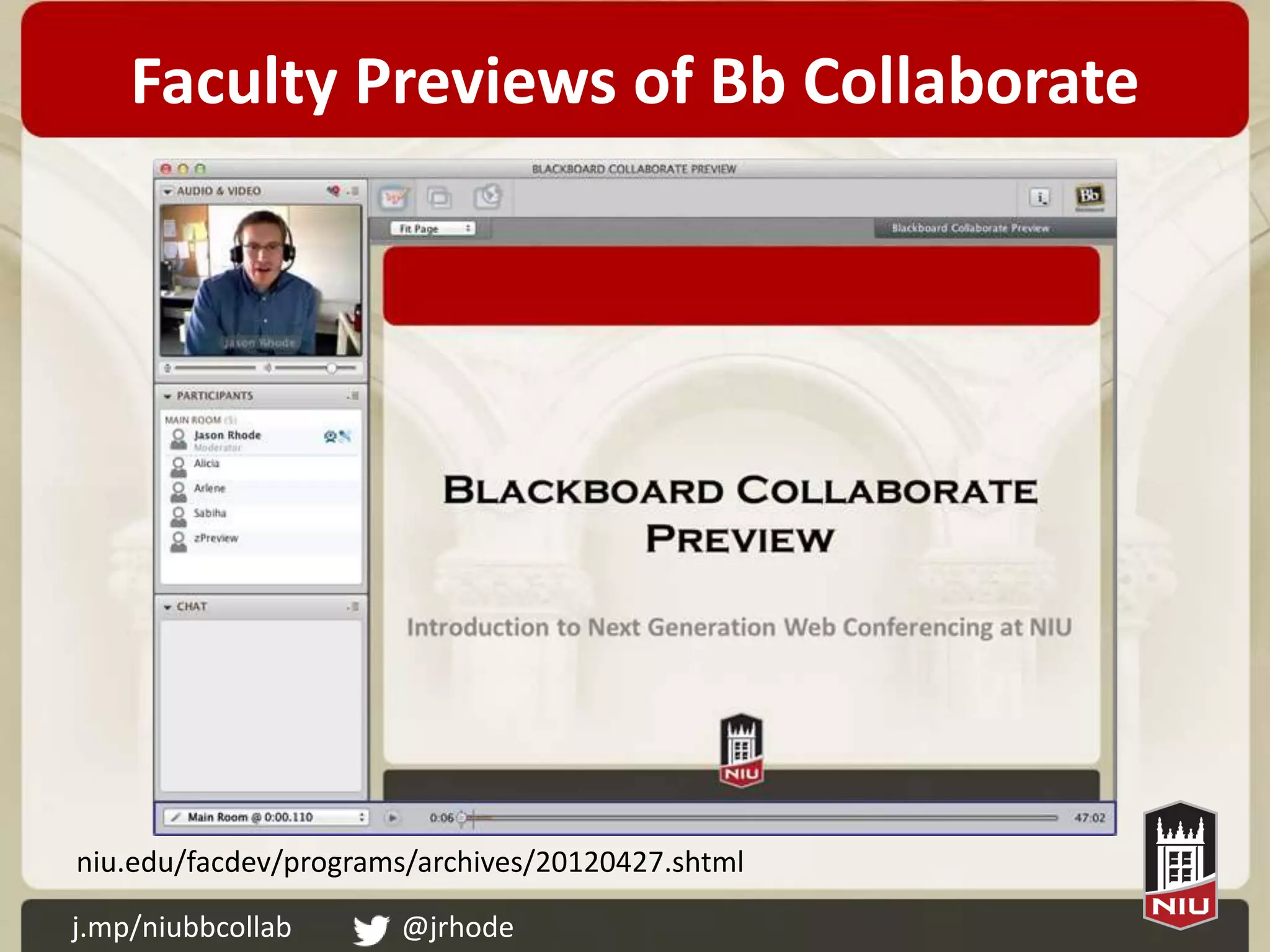 Faculty Previews of Bb Collaborate




niu.edu/facdev/programs/archives/20120427.shtml

j.mp/niubbcollab      @jrhode
 
