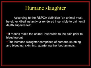 Humane slaughter
According to the RSPCA definition “an animal must
be either killed instantly or rendered insensible to pain until
death supervenes”
It means make the animal insensible to the pain prior to
bleeding out
The humane slaughter comprises of humane stunning
and bleeding, skinning, quartering the food animals.
 