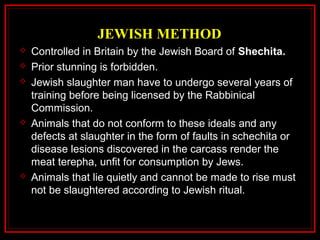 JEWISH METHOD
 Controlled in Britain by the Jewish Board of Shechita.
 Prior stunning is forbidden.
 Jewish slaughter man have to undergo several years of
training before being licensed by the Rabbinical
Commission.
 Animals that do not conform to these ideals and any
defects at slaughter in the form of faults in schechita or
disease lesions discovered in the carcass render the
meat terepha, unfit for consumption by Jews.
 Animals that lie quietly and cannot be made to rise must
not be slaughtered according to Jewish ritual.
 
