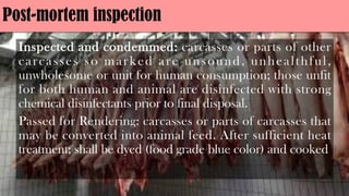 Post-mortem inspection
Inspected and condemmed: carcasses or parts of other
carcasses so marked are unsound, unhealthful,
unwholesome or unit for human consumption; those unfit
for both human and animal are disinfected with strong
chemical disinfectants prior to final disposal.
Passed for Rendering: carcasses or parts of carcasses that
may be converted into animal feed. After sufficient heat
treatment; shall be dyed (food grade blue color) and cooked
 