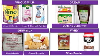 WHOLE MILK
Cream & Skim milk Powder
Whole Milk Powder
CREAM
Butter & Butter milk
SKIMMILK
Skimmilk Powder Cheese Products
WHEY
Whey Powder
 