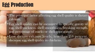 Egg Production
•The principal factor affecting egg shell quality is dietary
calcium.
•Egg shell quality can be measured by specific gravity of
egg, shell thickness, shell smoothness, breaking strength,
and percentage of cracks or shell appearance.
•Low dietary calcium levels, less than 2.0 percent,
decrease egg shell quality in chickens.
 