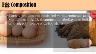 Egg Composition
•Largely proteins and lipids and various minerals and
vitamins with A, D, thiamine and riboflavin in bulk
amount; poor source of carbohydrates.
 
