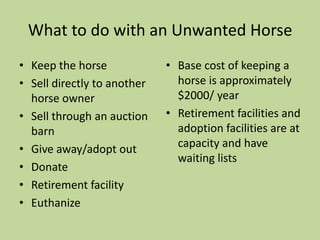 What to do with an Unwanted HorseKeep the horseSell directly to another horse ownerSell through an auction barnGive away/adopt outDonateRetirement facilityEuthanizeBase cost of keeping a horse is approximately $2000/ year Retirement facilities and adoption facilities are at capacity and have waiting lists