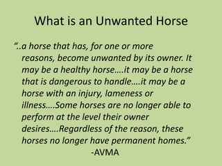 What is an Unwanted Horse“..a horse that has, for one or more reasons, become unwanted by its owner. It may be a healthy horse….it may be a horse that is dangerous to handle….it may be a horse with an injury, lameness or illness….Some horses are no longer able to perform at the level their owner desires….Regardless of the reason, these horses no longer have permanent homes.” 								-AVMA