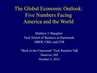 The Global Economic Outlook:
Five Numbers Facing
America and the World
Matthew J. Slaughter
Tuck School of Business at Dartmouth,
NBER, CBO, and CFR
“Back in the Classroom” Tuck Reunion Talk
Hanover, NH
October 5, 2013

 