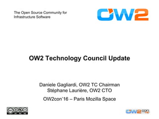 OW2 Technology Council Update
Daniele Gagliardi, OW2 TC Chairman
Stéphane Laurière, OW2 CTO
OW2con’16 – Paris Mozilla Space
The Open Source Community for
Infrastructure Software
 