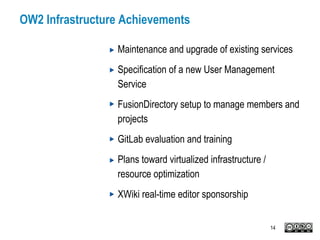 OW2 Infrastructure Achievements
Maintenance and upgrade of existing services
Specification of a new User Management
Service
FusionDirectory setup to manage members and
projects
GitLab evaluation and training
Plans toward virtualized infrastructure /
resource optimization
XWiki real-time editor sponsorship
14
 