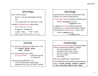10/11/2012




                 phonology                                              phonology
some "funny" vowels:                                   late Proto-Slavic and early historical Slavic (OCS,
    ě (yat') ― [æ], [ie] (depending on the lg.)        Old Russ., etc.) were characterized by
    y [ɨ]                                              1. law of open syllables (syllables should be open)
  + nasal vowels (OCS + P.): OCS mǫžь, P. mąż               Old Russ. ратьникъ [ra.tĭ.nji.kŭ]
                                                                            > R. ратник [rat.njik]
multiple morphophonemic alternations
     k:č, k:c, g:ž, x:š, s:š, o:a:
                                                       2. syllabic synharmony (syllables should be
                                                       synharmonic: i.e., every sound within a syllable
     R. просить : спрашивать                           should have the same 'tonality' – high or low)
     U. рука : в руцi       P. ręka : w ręce                Old Russ. поѥши [pɔ.jɛ.ʃi]
     OCS rek-ǫ, reč-eši, rě-xъ, rьc-i, rok-ъ                               > R. поёшь [pǝ.jɔʃ ]




                    prosody                                            morphology
                                                       rich inflectional morphology (many morphological
free and mobile stress (minus West Slavic + M.):
                                                       contrasts expressed by suffixes + endings):
      cf. R. головá : гóлову : голóв;
                                                            robust case systems (NSl., SWSl.)
             ношý : нóсишь                                  two adjective forms (short + long)
pitch accent (Proto-Slavic + BCS):                          two-three numbers, three genders…
      acute, circumflex    ― inherited from BSl.,           many tenses (SESl.)
                                                            three moods
                              cf. Lithuanian!
                                                       verb aspects (perfective + imperfective)
vowel quantity/length (BCS + Cz.);                     uni-/multidirectional (aka determinate/indeterm.)
    lost or transformed to vowel height
                                                       verbs: R. нести : носить; лететь : летать,
    elsewhere (e.g., P. ó, P. dial. å, ė, R. dial ô)
                                                       Cz. nést : nosit, letět : létat; P. lecieć : latać)



                                                                                                                     9
 
