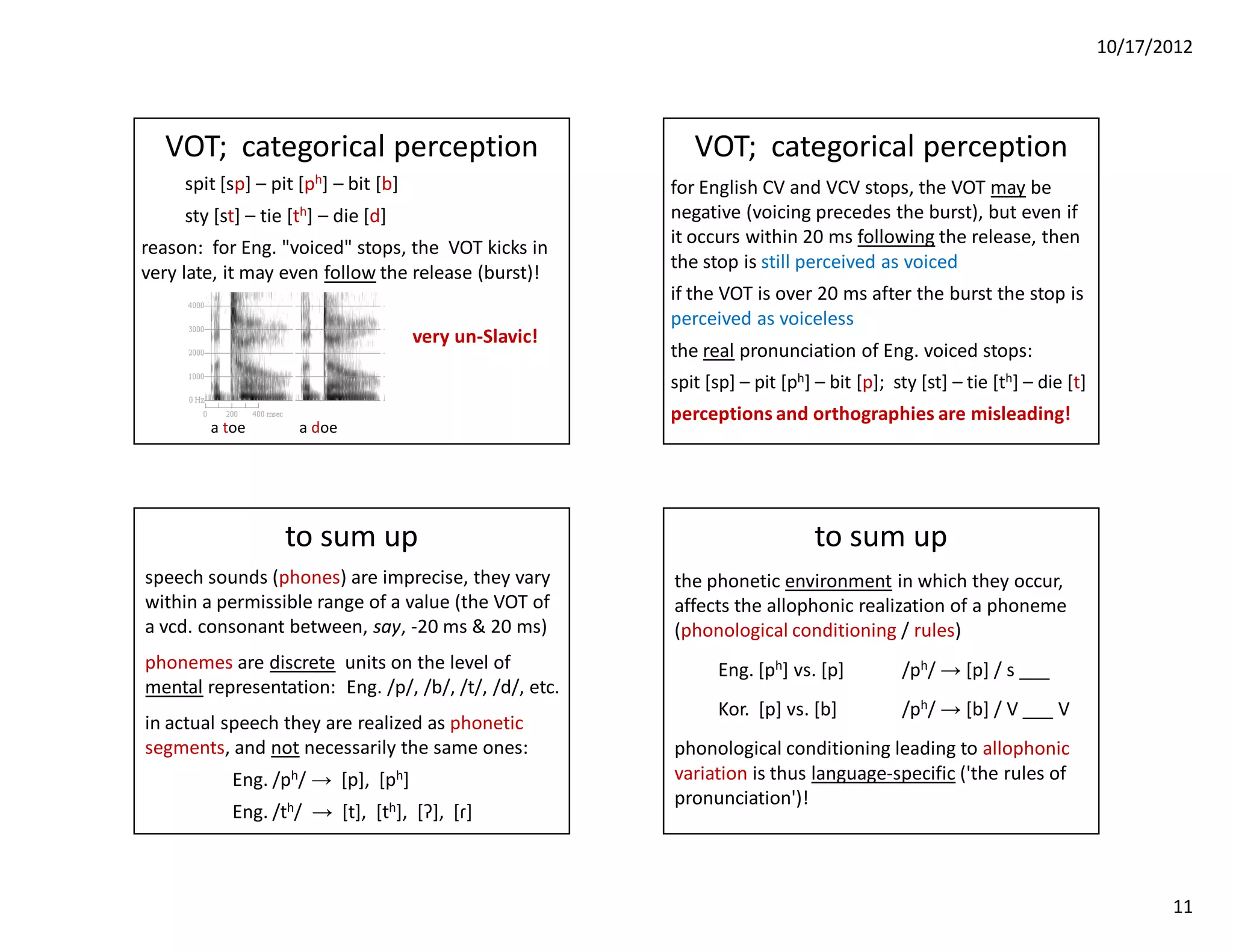 10/17/2012




  VOT; categorical perception                                 VOT; categorical perception
     spit [sp] – pit [ph] – bit [b]                        for English CV and VCV stops, the VOT may be
     sty [st] – tie   [th]   – die [d]                     negative (voicing precedes the burst), but even if
                                                           it occurs within 20 ms following the release, then
reason: for Eng. "voiced" stops, the VOT kicks in
                                                           the stop is still perceived as voiced
very late, it may even follow the release (burst)!
                                                           if the VOT is over 20 ms after the burst the stop is
                                                           perceived as voiceless
                                         very un-Slavic!
                                                           the real pronunciation of Eng. voiced stops:
                                                           spit [sp] – pit [ph] – bit [p]; sty [st] – tie [th] – die [t]
                                                           perceptions and orthographies are misleading!
        a toe          a doe




                      to sum up                                                 to sum up
speech sounds (phones) are imprecise, they vary            the phonetic environment in which they occur,
within a permissible range of a value (the VOT of          affects the allophonic realization of a phoneme
a vcd. consonant between, say, -20 ms & 20 ms)             (phonological conditioning / rules)
phonemes are discrete units on the level of                      Eng. [ph] vs. [p]          /ph/ → [p] / s ___
mental representation: Eng. /p/, /b/, /t/, /d/, etc.
                                                                 Kor. [p] vs. [b]           /ph/ → [b] / V ___ V
in actual speech they are realized as phonetic
segments, and not necessarily the same ones:               phonological conditioning leading to allophonic
           Eng. /ph/ → [p], [ph]                           variation is thus language-specific ('the rules of
                                                           pronunciation')!
           Eng. /th/ → [t], [th], [ʔ], [ɾ]



                                                                                                                                  11
 