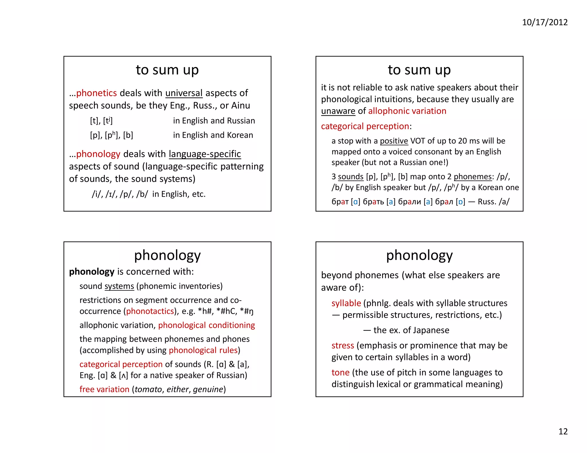 10/17/2012




                     to sum up                                         to sum up
                                                      it is not reliable to ask native speakers about their
…phonetics deals with universal aspects of
                                                      phonological intuitions, because they usually are
speech sounds, be they Eng., Russ., or Ainu
                                                      unaware of allophonic variation
    [t], [tj]                in English and Russian
                                                      categorical perception:
    [p], [ph], [b]           in English and Korean
                                                        a stop with a positive VOT of up to 20 ms will be
…phonology deals with language-specific                 mapped onto a voiced consonant by an English
aspects of sound (language-specific patterning          speaker (but not a Russian one!)
of sounds, the sound systems)                           3 sounds [p], [ph], [b] map onto 2 phonemes: /p/,
                                                        /b/ by English speaker but /p/, /ph/ by a Korean one
     /i/, /ɪ/, /p/, /b/ in English, etc.
                                                        брат [ɑ] брать [a] брали [a] брал [ɒ] ― Russ. /a/




                     phonology                                         phonology
phonology is concerned with:                          beyond phonemes (what else speakers are
  sound systems (phonemic inventories)                aware of):
  restrictions on segment occurrence and co-            syllable (phnlg. deals with syllable structures
  occurrence (phonotactics), e.g. *h#, *#hC, *#ŋ        ― permissible structures, restricƟons, etc.)
  allophonic variation, phonological conditioning
                                                                 ― the ex. of Japanese
  the mapping between phonemes and phones
  (accomplished by using phonological rules)            stress (emphasis or prominence that may be
                                                        given to certain syllables in a word)
  categorical perception of sounds (R. [ɑ] & [a],
  Eng. [ɑ] & [ʌ] for a native speaker of Russian)       tone (the use of pitch in some languages to
                                                        distinguish lexical or grammatical meaning)
  free variation (tomato, either, genuine)



                                                                                                                      12
 