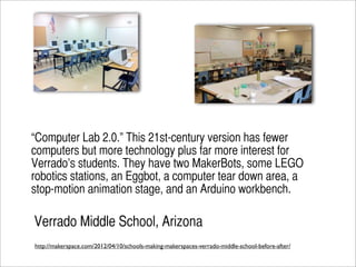 “Computer Lab 2.0.” This 21st-century version has fewer
computers but more technology plus far more interest for
Verrado’s students. They have two MakerBots, some LEGO
robotics stations, an Eggbot, a computer tear down area, a
stop-motion animation stage, and an Arduino workbench.

Verrado Middle School, Arizona
http://makerspace.com/2012/04/10/schools-making-makerspaces-verrado-middle-school-before-after/
 