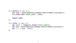 this.Before += ctx => {
var time = DateTimeOffset.UtcNow.ToUnixTimeMilliseconds();
ctx.Items.Add("start_time", time);
return null;
};
this.After += ctx => {
var start = (long)ctx.Items["start_time"];
var end = DateTimeOffset.UtcNow.ToUnixTimeMilliseconds();
var diff = end - start;
};
19
 
