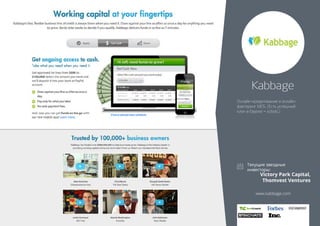 Kabbage 
Онлайн-кредитование и онлайн- 
факторинг МСБ. (Есть успешный 
клон в Европе – ezbob.) 
Victory Park Capital, 
Thomvest Ventures 
www.kabbage.com 
 