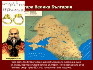 Стара Велика България




През 632г. Хан Кубрат обединил прабългарските племена в една
държава, наречена Стара велика България. Тя се разпаднала след
неговата смърт през 663г. под нападенията на хазарите.
 